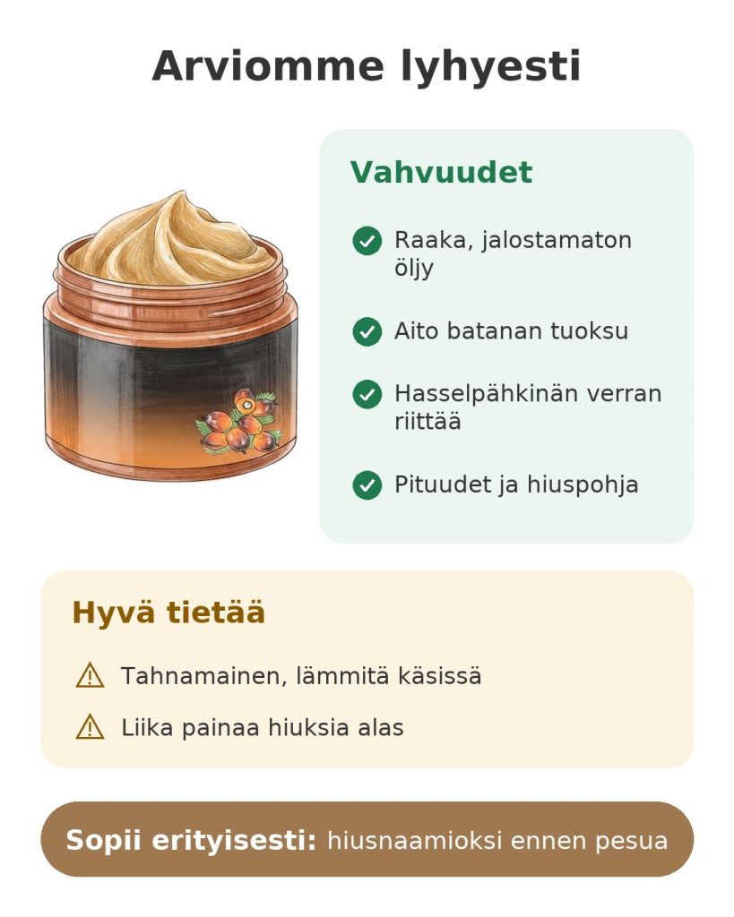 Arviomme lyhyesti: raaka batana-öljy hiusten pituuksille ja hiuspohjalle