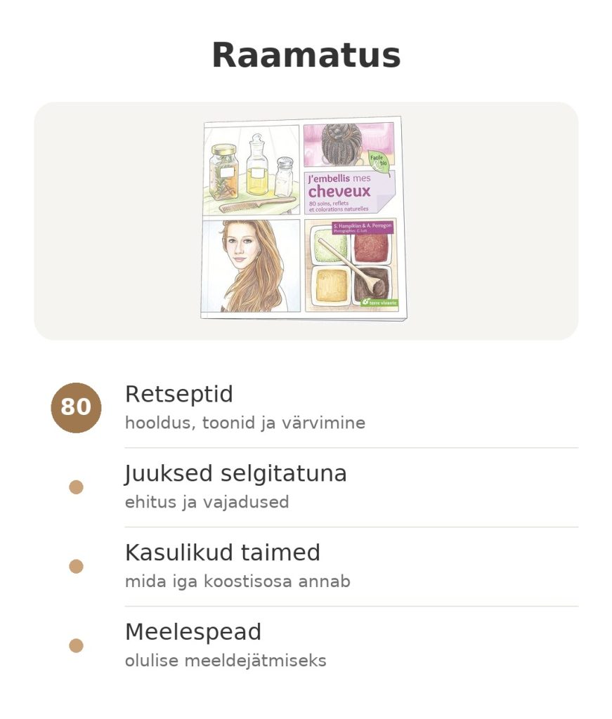Raamatus: J'embellis mes cheveux, 80 retsepti, juuksed selgitatuna, kasulikud taimed ja meelespead