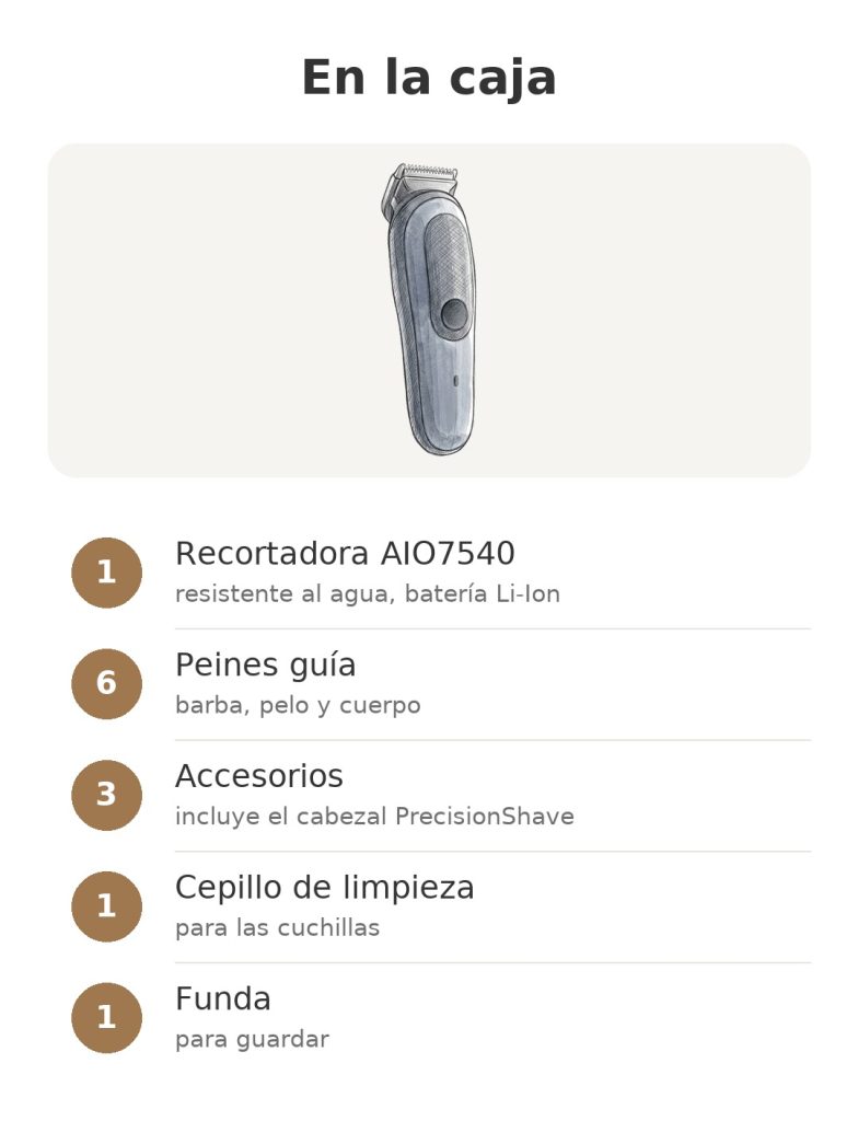 Recortadora Braun Series 7 AIO7540 recortadora multiusos Braun AIO7540 – contenido de la caja: Recortadora AIO7540, Peines guía, Accesorios, Cepillo de limpieza, Funda