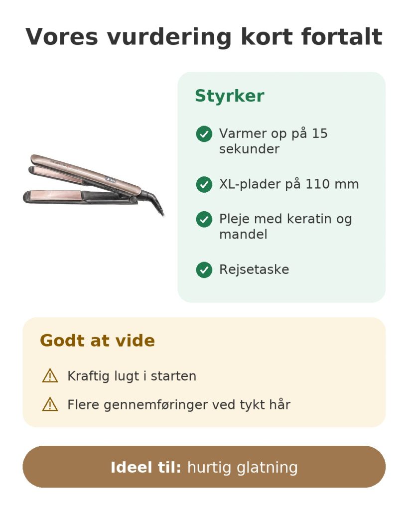 Vores vurdering kort fortalt af Remington glattejern med keratin og mandel: styrker, ting at vide og ideel brug