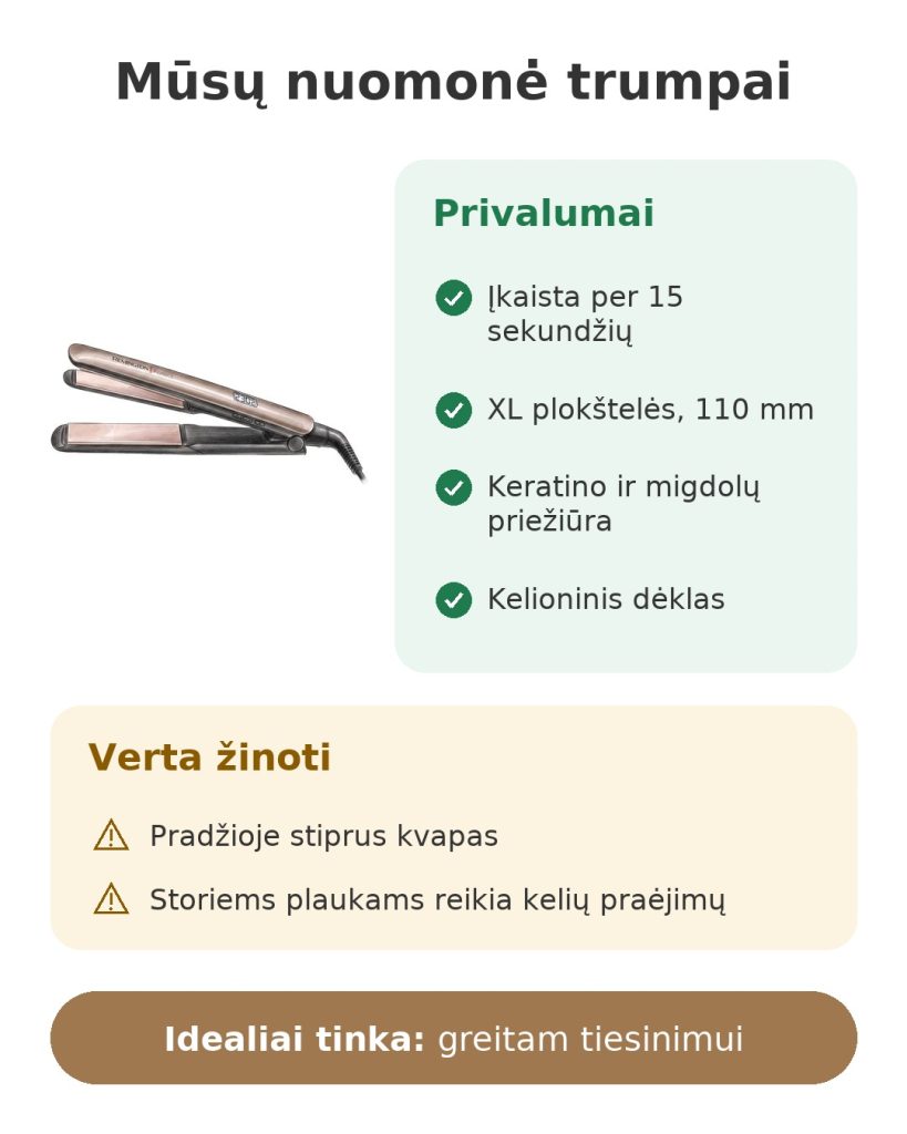 Mūsų nuomonė trumpai apie Remington plaukų tiesintuvą su keratinu ir migdolais: privalumai, ką žinoti ir idealus naudojimas