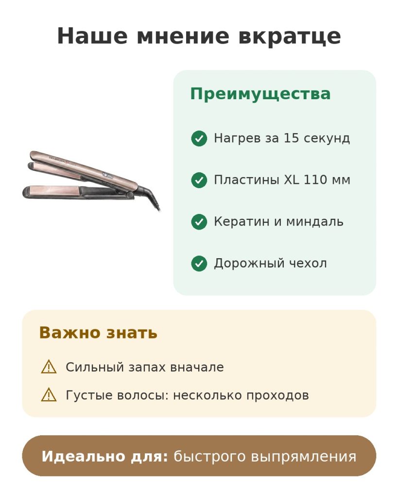 Наше мнение вкратце о выпрямителе для волос Remington с пластинами XL 110 мм и нагревом за 15 секунд
