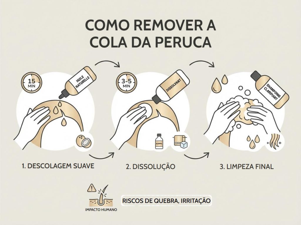 Como retirar a cola da peruca do cabelo com facilidade? Infografia em três passos para remover a cola da peruca: descolagem com óleo, dissolvente e limpeza final