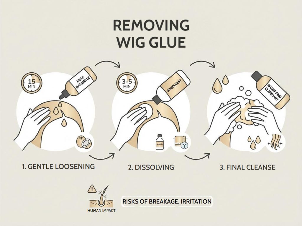 Three-step infographic on removing wig glue: gentle loosening with oil, dissolving with remover and final cleanse with clarifying shampoo