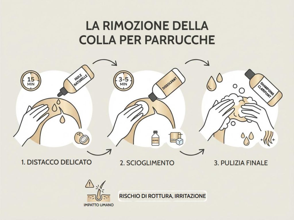 Come eliminare facilmente la colla della parrucca dai capelli? Infografica in tre fasi sulla rimozione della colla per parrucche: distacco delicato con olio, solvente e pulizia finale con shampoo