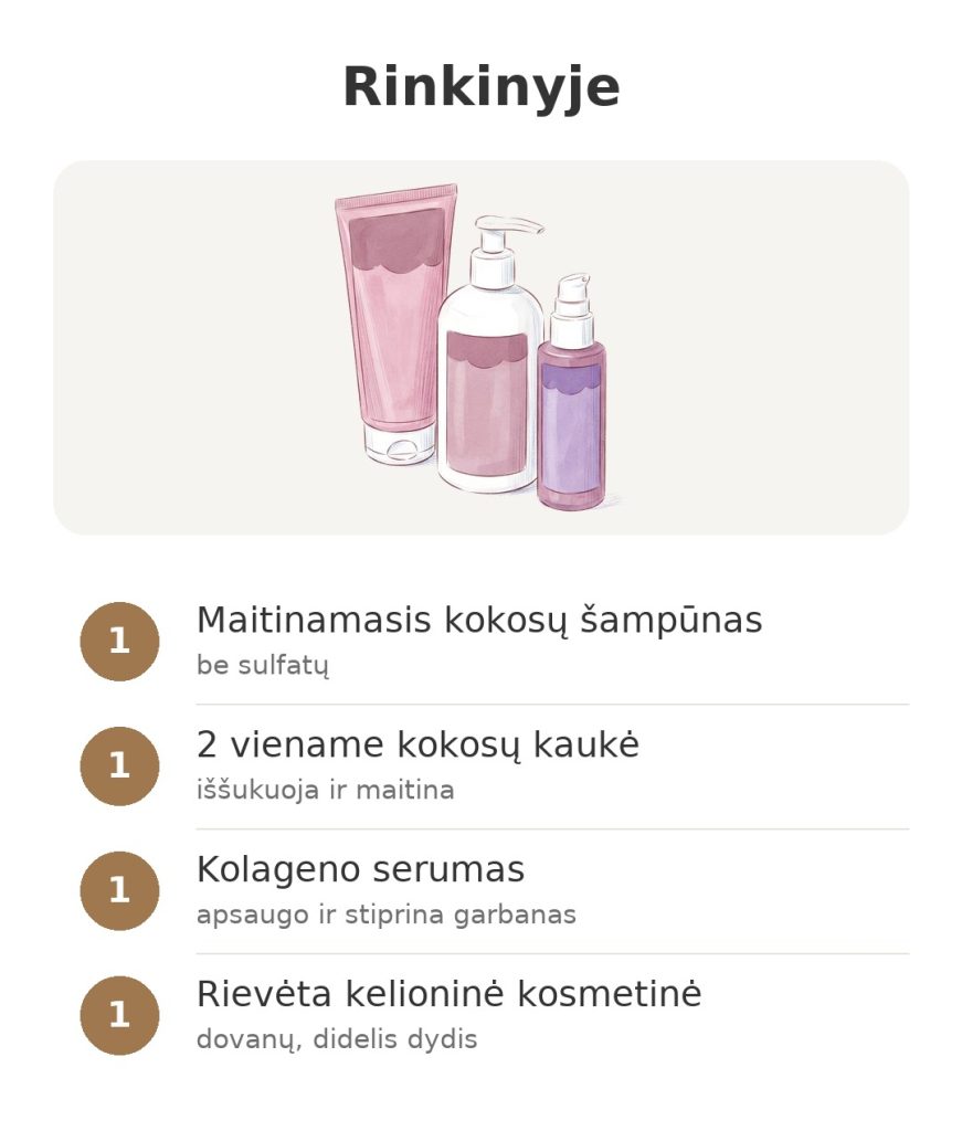 Rinkinys Energie Fruit Coco Curl garbanoms Rinkinio Energie Fruit Coco Curl turinys: šampūnas, kaukė, kolageno serumas ir kosmetinė