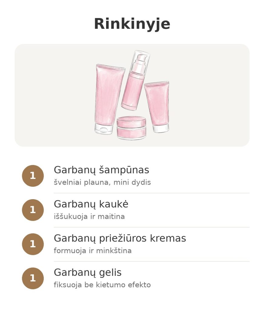 Luxéol garbanų rinkinio turinys: šampūnas, kaukė, priežiūros kremas ir gelis