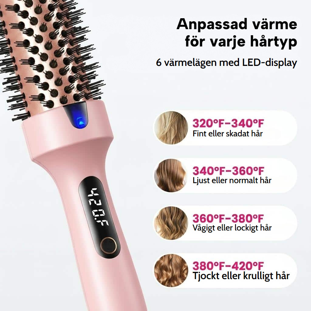 Värmeborste som slätar, lockar och ger volym, med LED-display