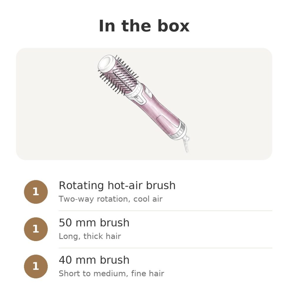Contents of the box for Rowenta rotating hot-air brush: rotating hot-air brush, 50 mm brush, 40 mm brush