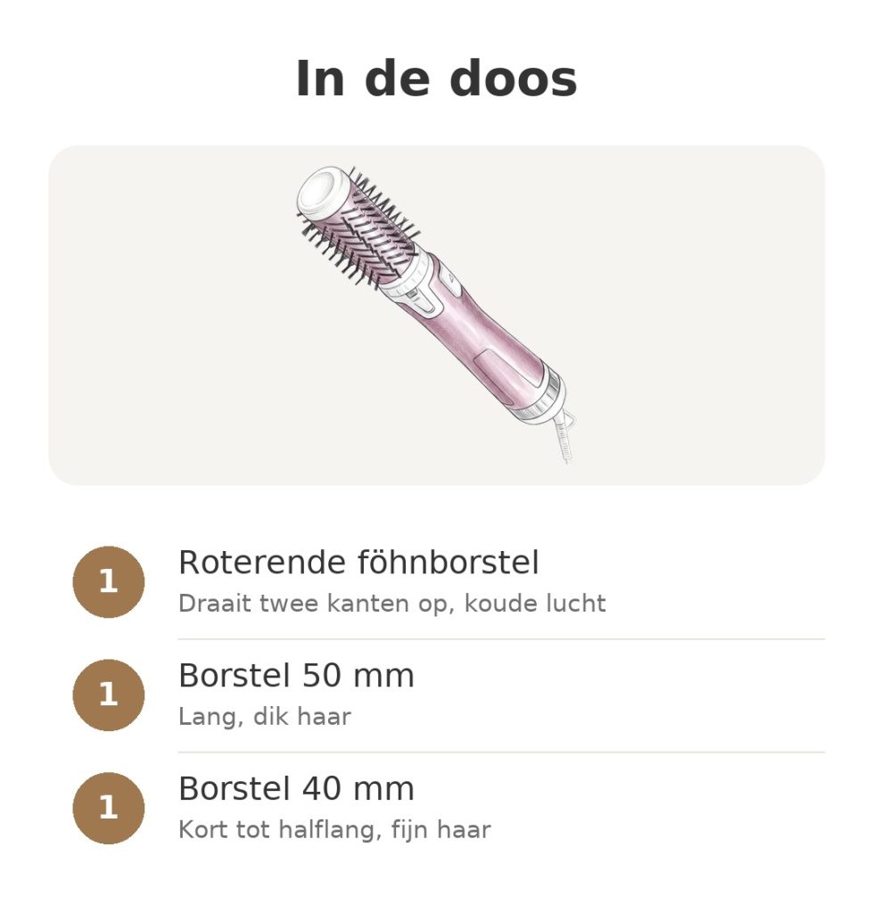 Inhoud van de doos Rowenta roterende föhnborstel: roterende föhnborstel, borstel 50 mm, borstel 40 mm