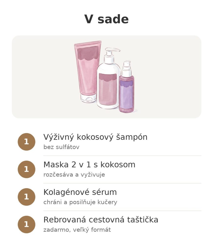 Obsah sady Energie Fruit Coco Curl so šampónom, maskou, kolagénovým sérom a cestovnou taštičkou