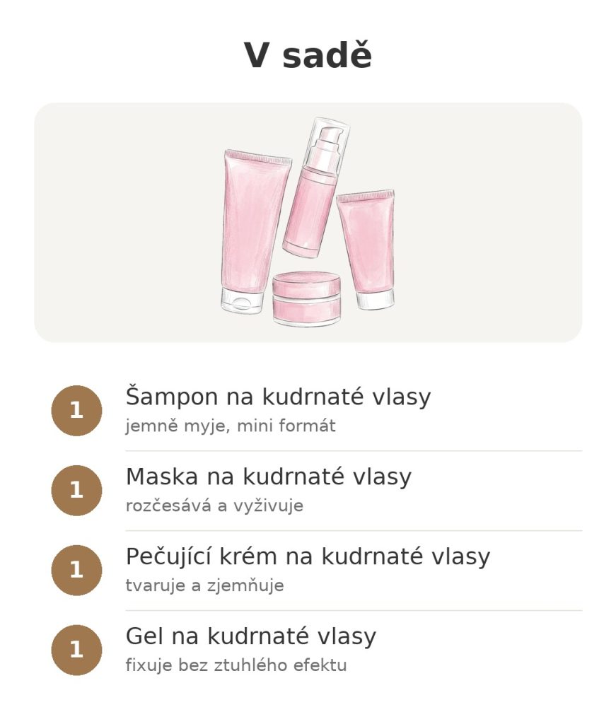 Obsah sady Luxéol pro kudrnaté vlasy se šamponem, maskou, pečujícím krémem a gelem