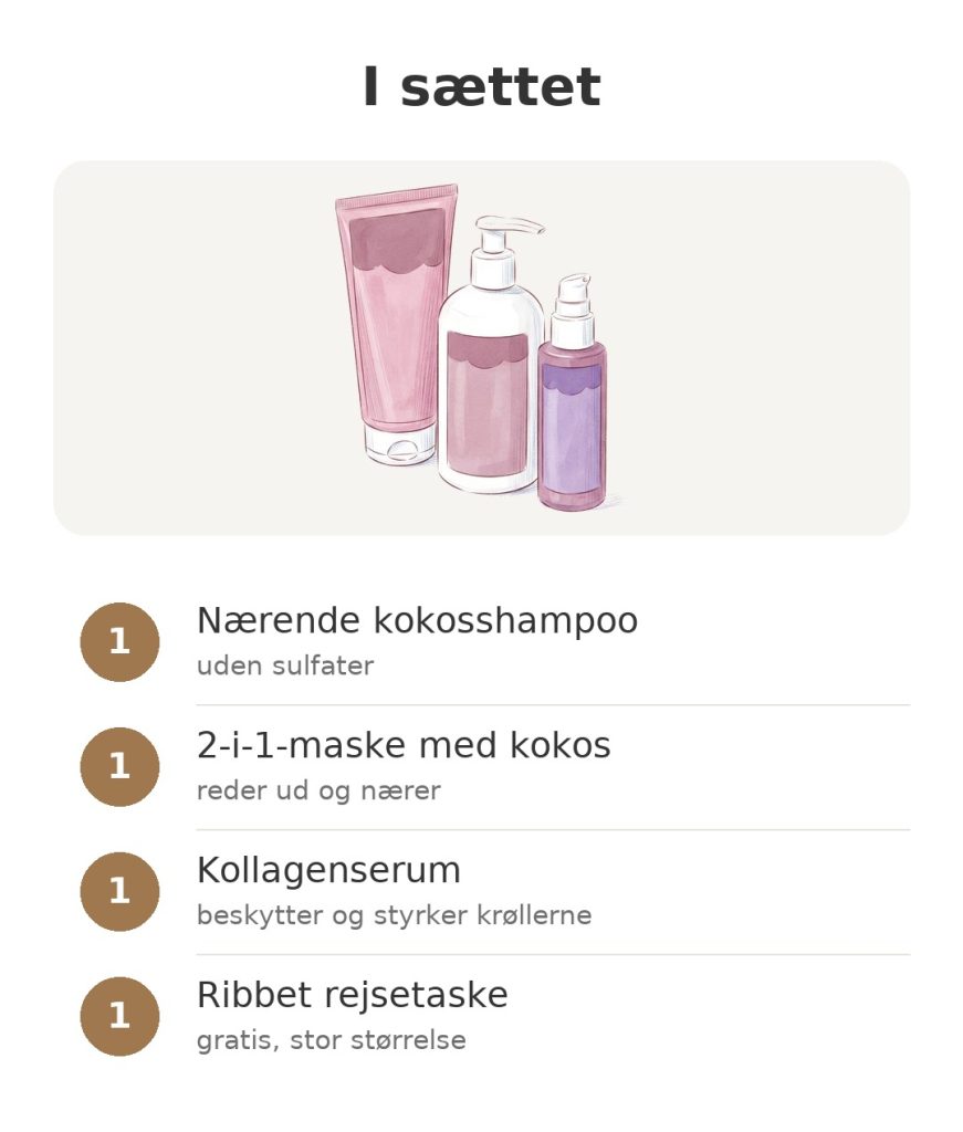 Indholdet af sættet Energie Fruit Coco Curl med shampoo, maske, kollagenserum og rejsetaske