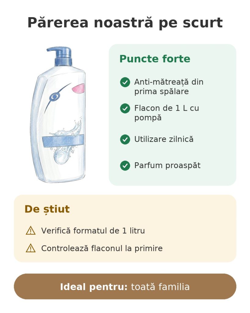 Șampon antimătreață Head & Shoulders 1 L Părerea noastră pe scurt despre șamponul anti-mătreață de 1 litru cu pompă pentru toată familia