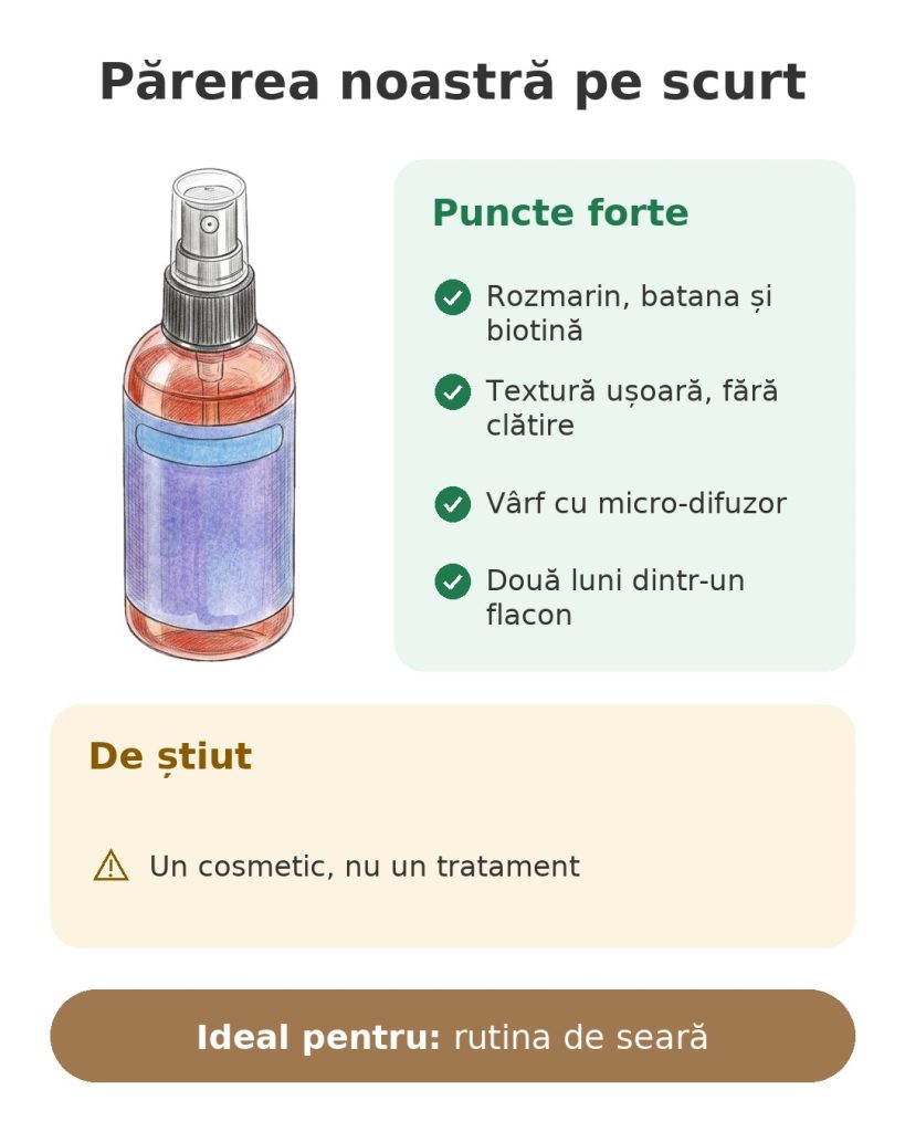Ser pentru păr AMAINKI cu rozmarin și batana Părerea noastră pe scurt despre serul pentru păr cu rozmarin, batana și biotină, fără clătire