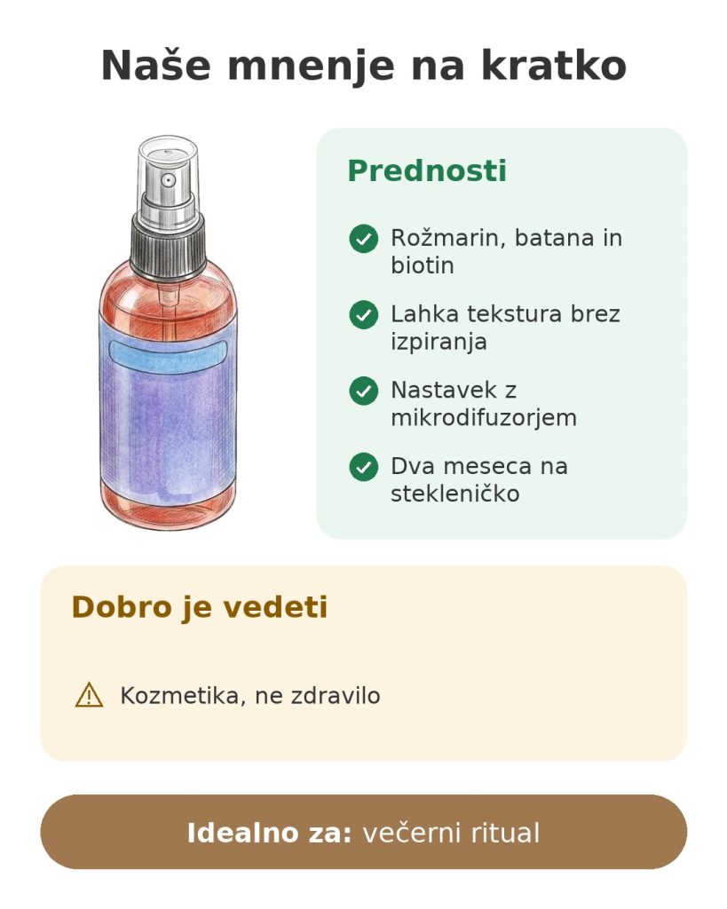 Naše mnenje na kratko o serumu za lase z rožmarinom, batano in biotinom brez izpiranja
