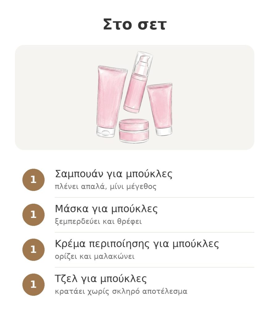 Περιεχόμενα του σετ Luxéol για μπούκλες με σαμπουάν, μάσκα, κρέμα περιποίησης και τζελ για σγουρά μαλλιά