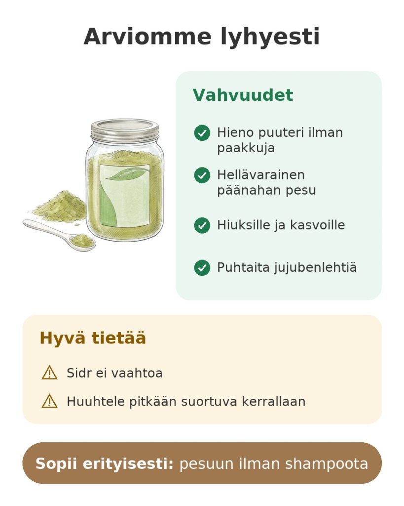 Arviomme lyhyesti: sidr-jauhe puhtaista jujube-lehdistä pesuun ilman shampoota
