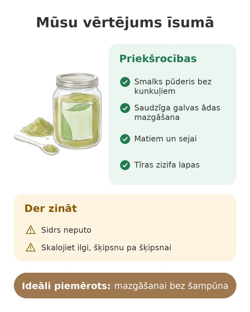 Mūsu vērtējums īsumā par sidra pūderi no tīrām zizifa lapām mazgāšanai bez šampūna