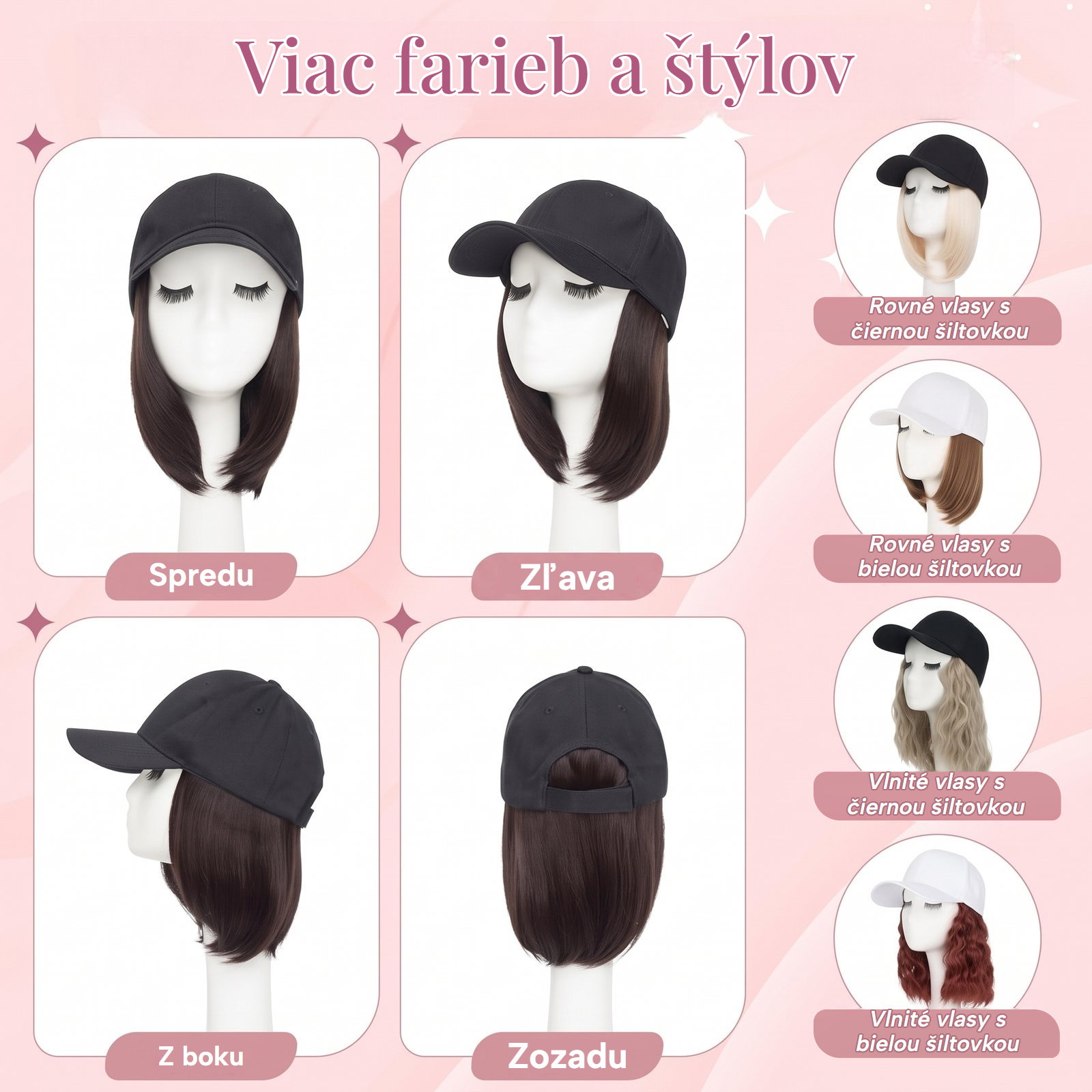 Šiltovka s vlasmi vo viacerých farbách a štýloch, rovné alebo vlnité vlasy, pohľady zo všetkých strán