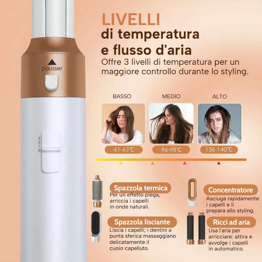 Spazzola asciugacapelli 5 in 1 con tre livelli di temperatura e quattro accessori per lo styling