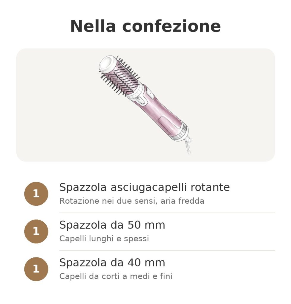 Contenuto della confezione spazzola asciugacapelli rotante Rowenta: spazzola asciugacapelli rotante, spazzola da 50 mm, spazzola da 40 mm