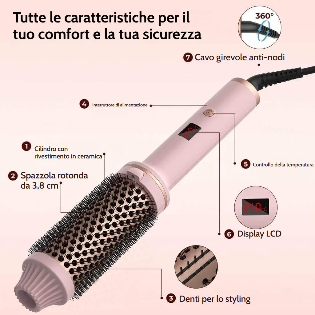 Spazzola riscaldante rotonda 3 in 1 in ceramica con display LCD