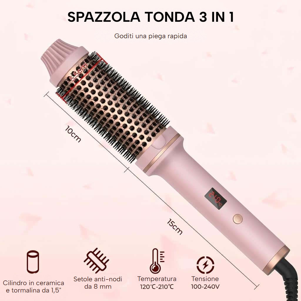 Spazzola riscaldante rotonda 3 in 1 in ceramica con display LCD