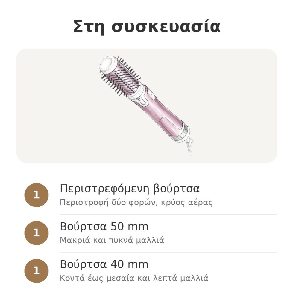 Στη συσκευασία: περιστρεφόμενη βούρτσα στεγνώματος Rowenta με βούρτσα 50 mm και βούρτσα 40 mm