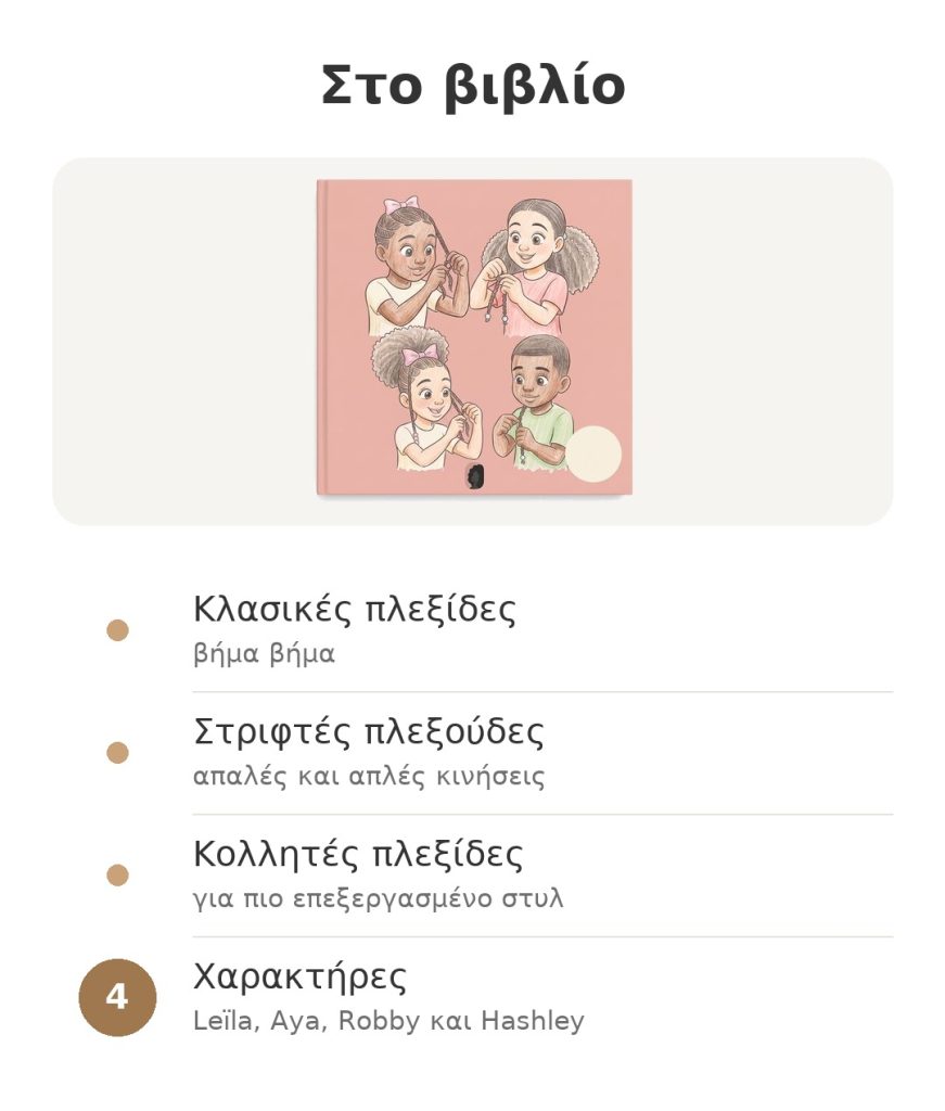 Στο βιβλίο: μάθε να πλέκεις κατσαρά μαλλιά με κλασικές πλεξίδες, στριφτές πλεξούδες και τέσσερις χαρακτήρες