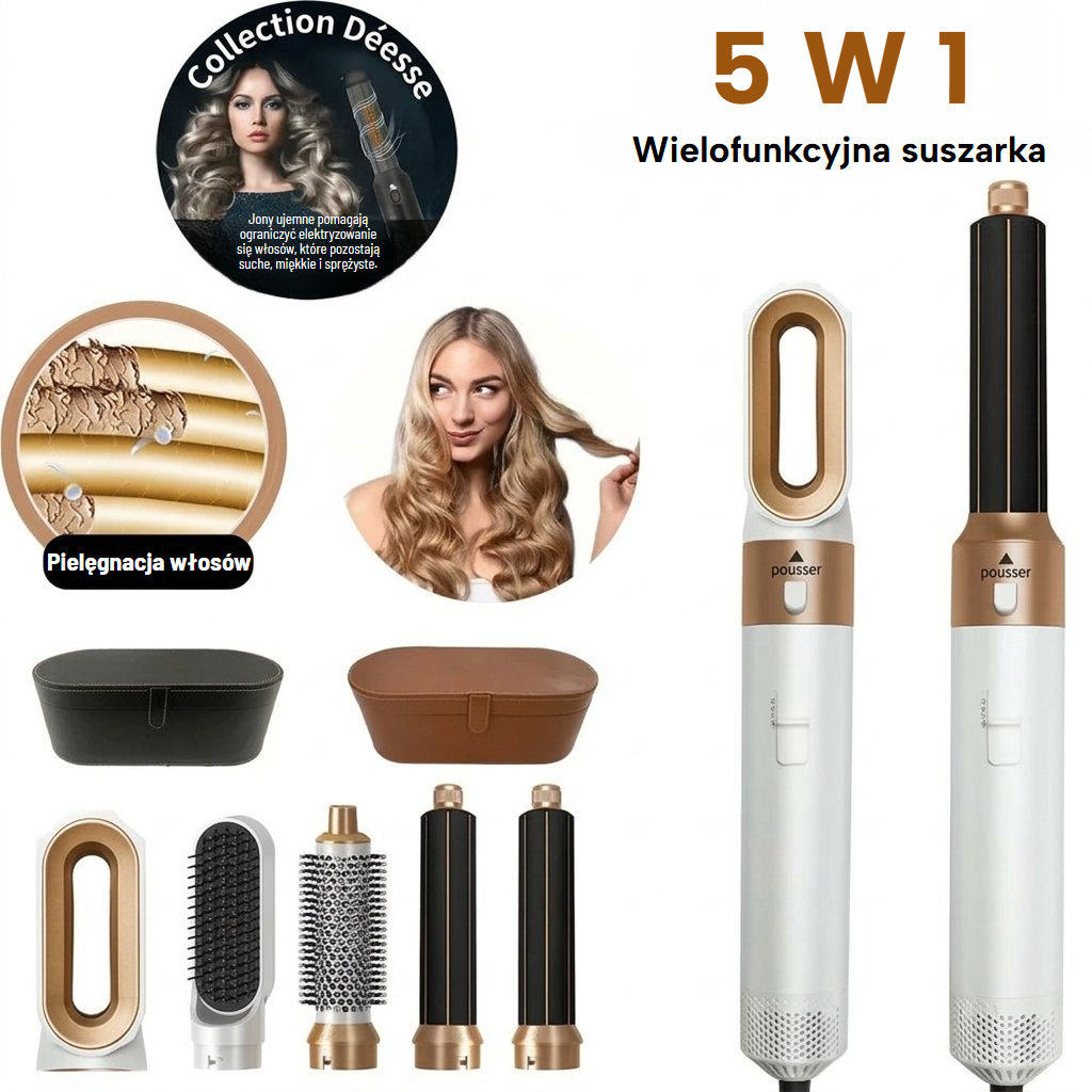 Wielofunkcyjna suszarka do włosów 5 w 1 z wymiennymi końcówkami i dwoma etui