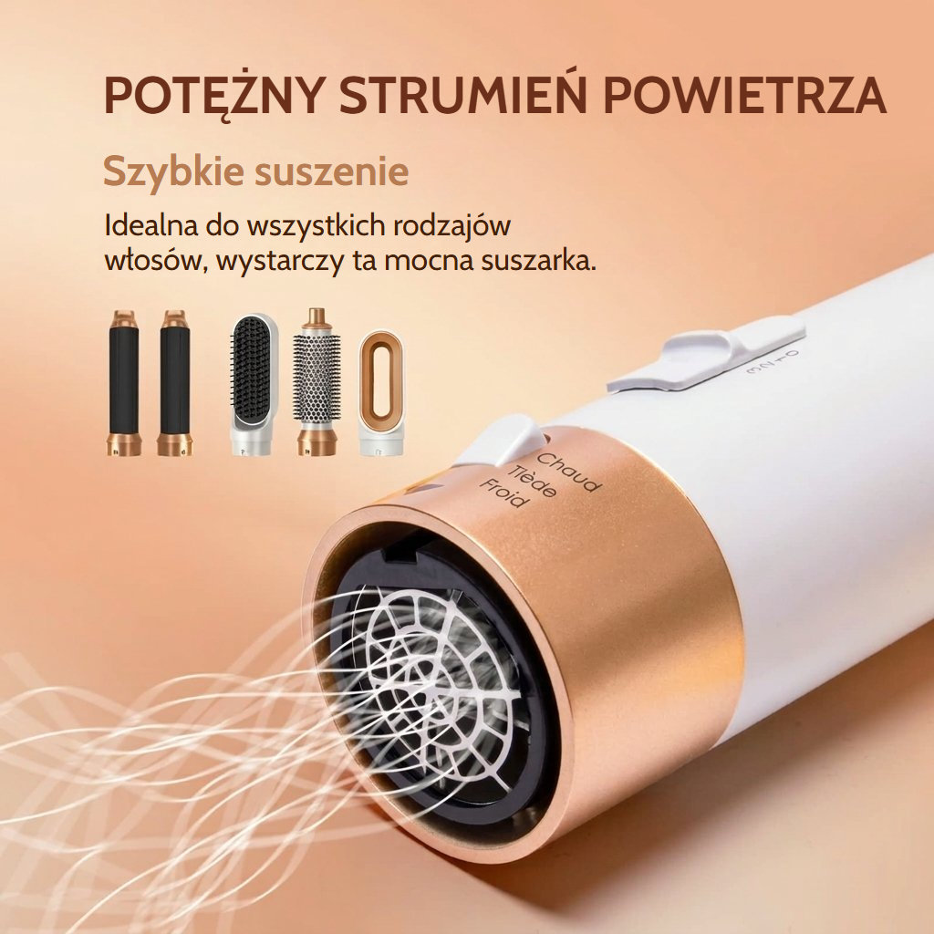 Suszarko-szczotka z gorącym powietrzem i kilkoma nasadkami, mocny strumień powietrza do szybkiego suszenia włosów