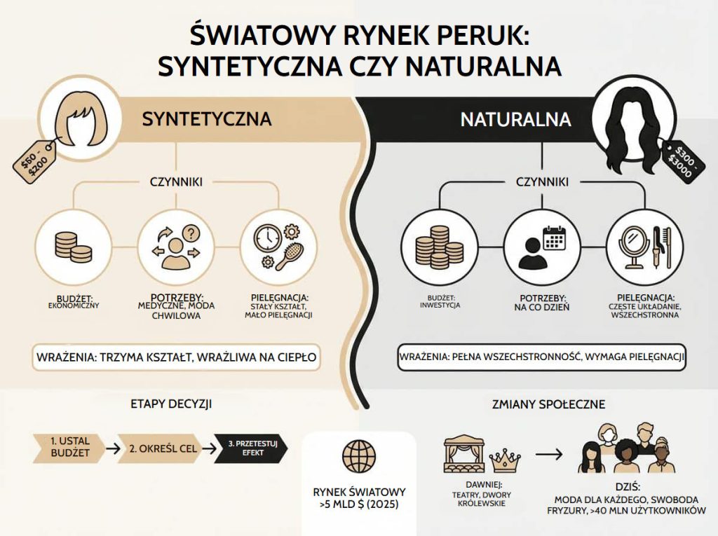 Peruka syntetyczna czy naturalna: pełne porównanie 2025 Infografika o światowym rynku peruk porównująca peruki syntetyczne i naturalne: budżet, potrzeby, pielęgnacja i historia