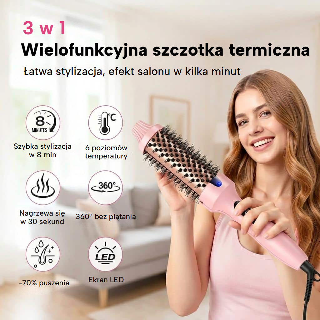 Szczotka termiczna prostująca, lokująca i dodająca objętości z wyświetlaczem LED
