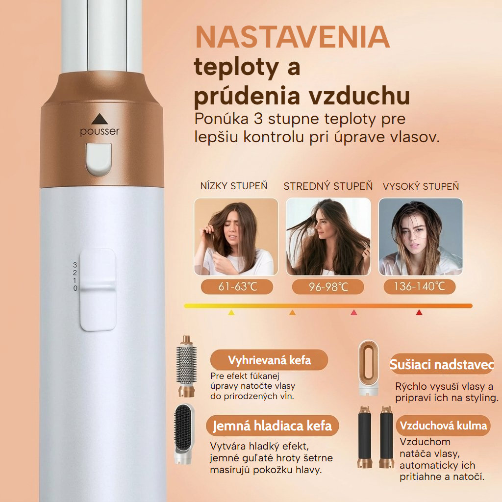 Teplovzdušná kefa s nadstavcami: tri stupne teploty, kulma, sušiaci nadstavec a vyrovnávacia kefa
