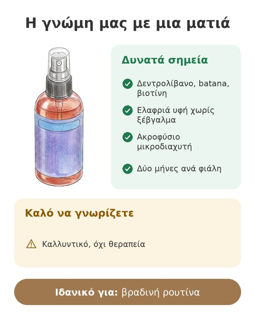 Η γνώμη μας με μια ματιά για τον ορό μαλλιών με δεντρολίβανο, batana και βιοτίνη χωρίς ξέβγαλμα