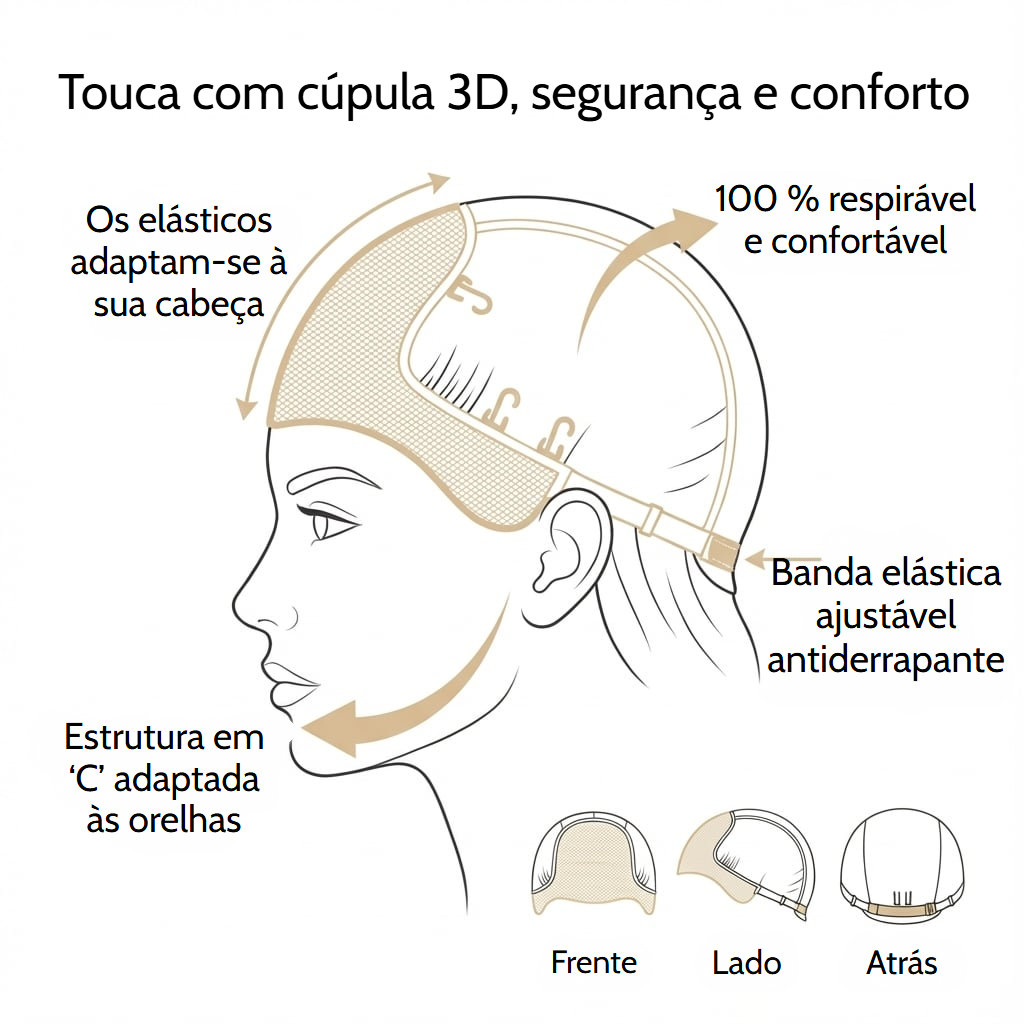 Peruca lace front ondulada castanha e volumosa, de cabelo natural