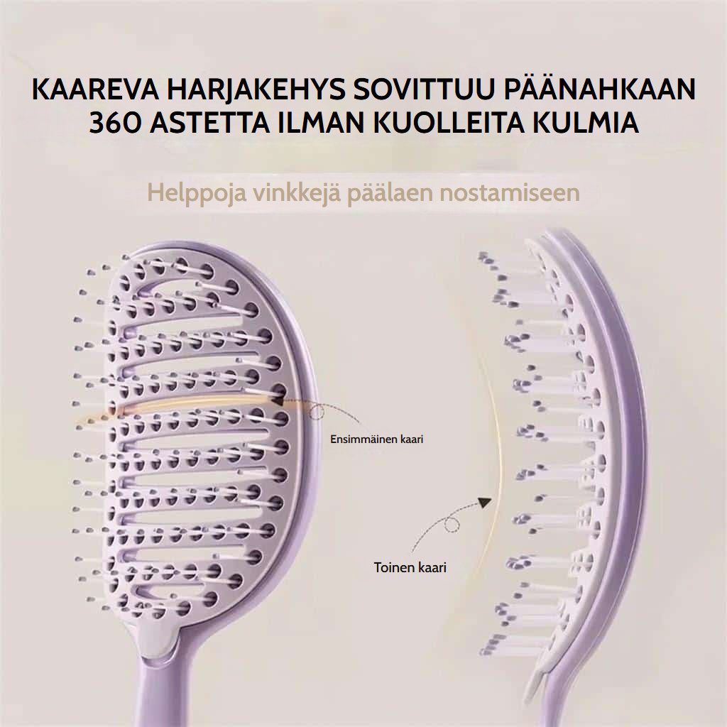 Itsepuhdistuva selvitysharja paksunnetuilla piikeillä kiharille hiuksille