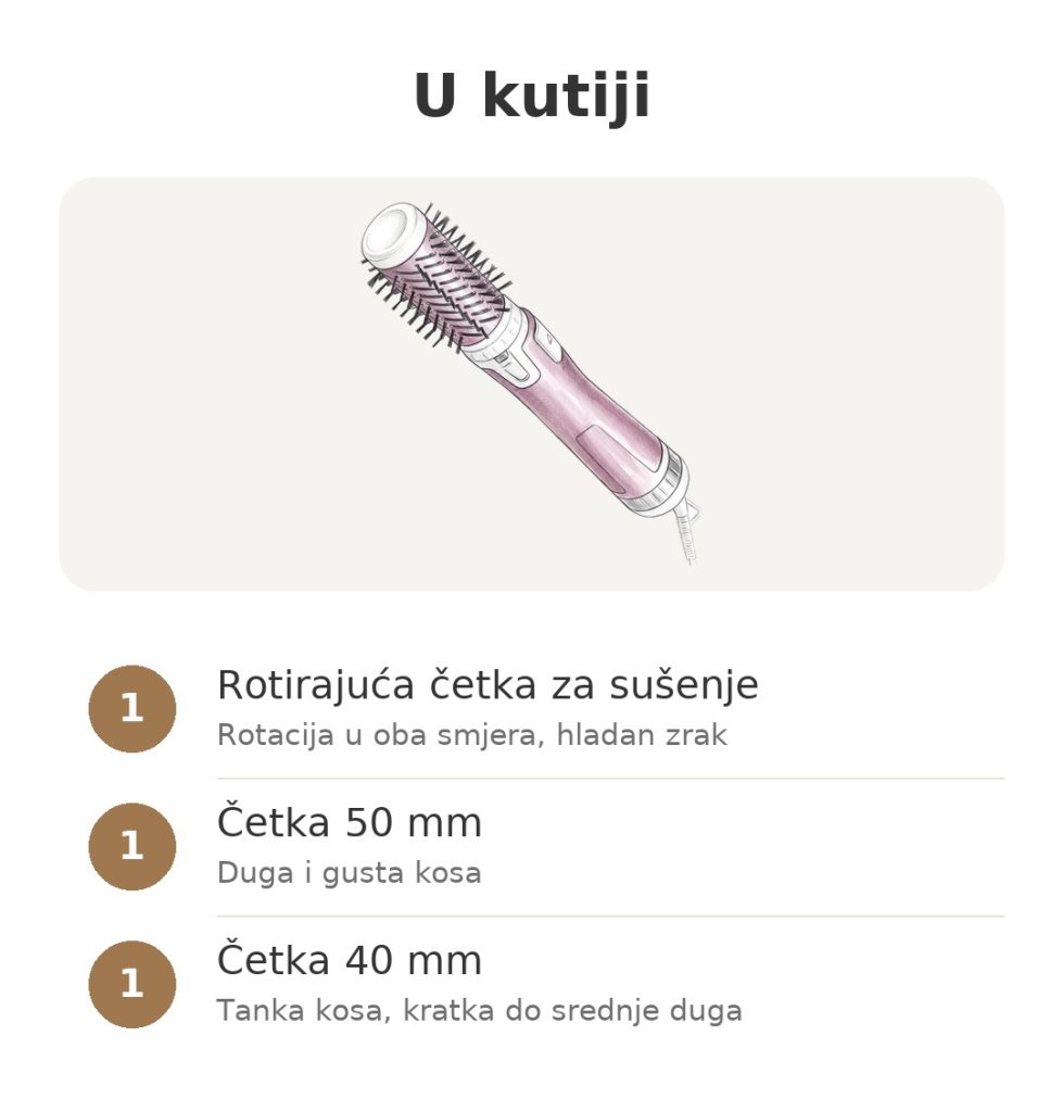 U kutiji: rotirajuća četka za sušenje kose Rowenta s četkom od 50 mm i četkom od 40 mm