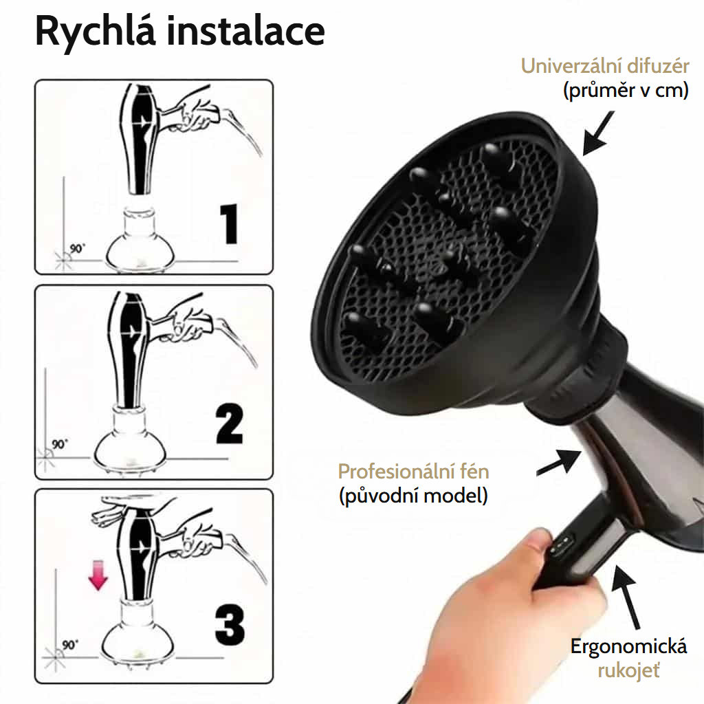Univerzální skládací silikonový difuzér na fén s mřížkou ve tvaru včelí plástve