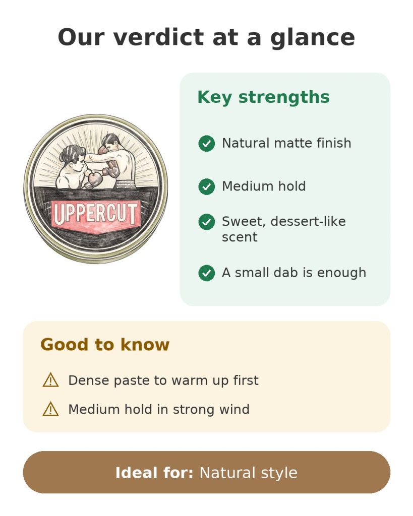 Our verdict at a glance on the Uppercut Deluxe matte pomade with a natural finish and medium hold