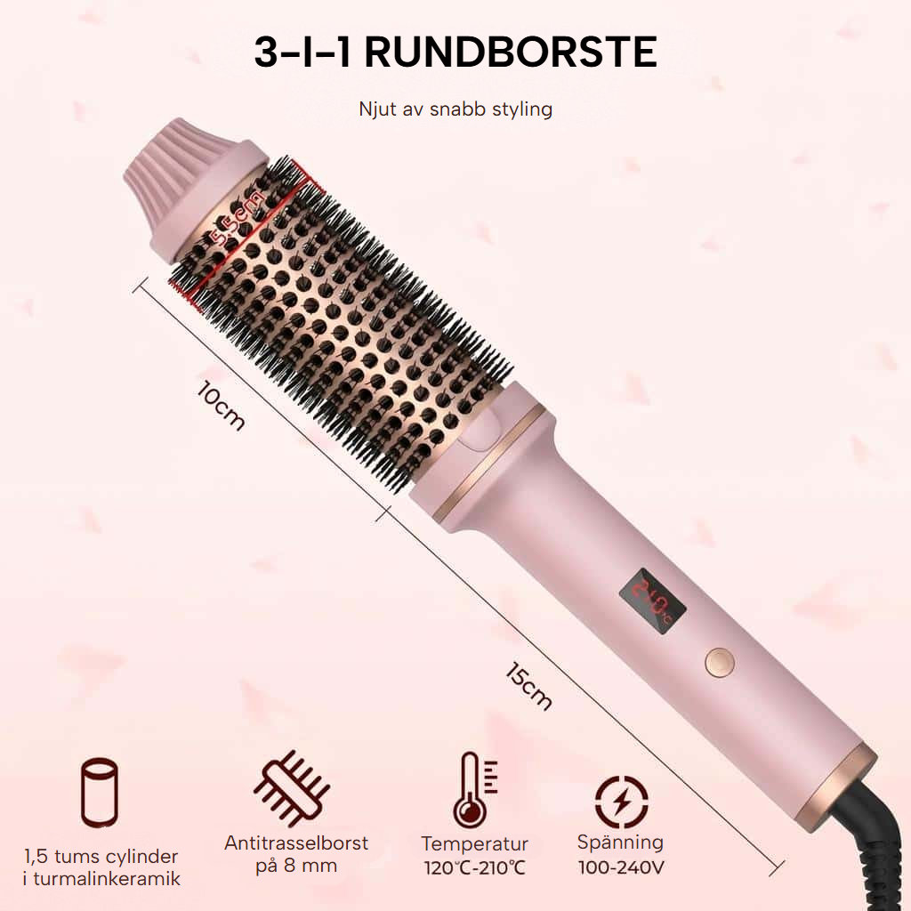 Rund 3-i-1-värmeborste i keramik med LCD-skärm