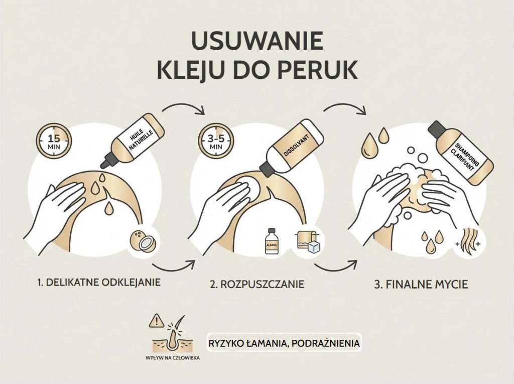 Infografika w trzech krokach o usuwaniu kleju do peruk: delikatne odklejanie olejkiem, rozpuszczanie i końcowe oczyszczanie szamponem