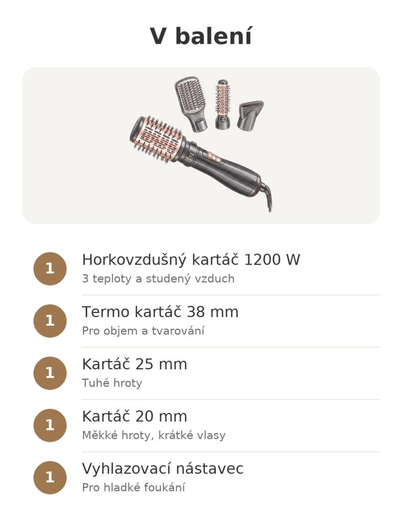 V balení: horkovzdušný kartáč Babyliss 1200 W s kartáči 38, 25 a 20 mm a vyhlazovacím nástavcem