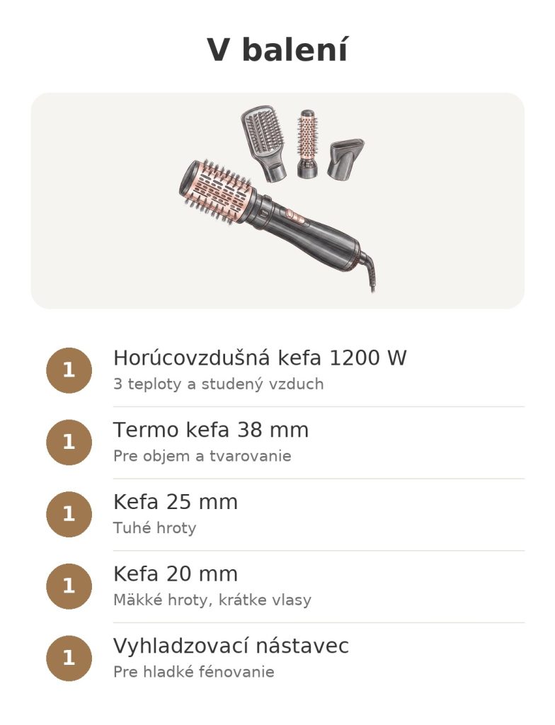 V balení: horúcovzdušná kefa Babyliss 1200 W s kefami 38, 25 a 20 mm a vyhladzovacím nástavcom
