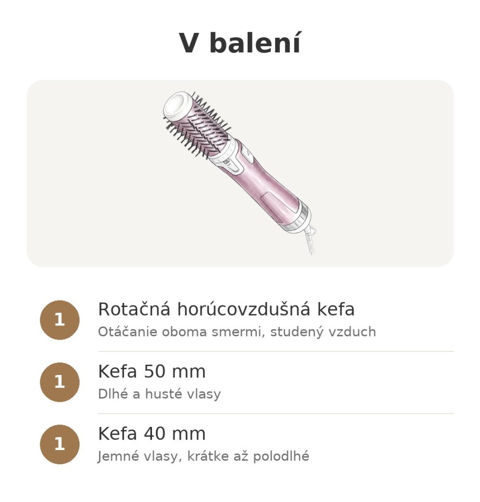 V balení: rotačná horúcovzdušná kefa Rowenta s kefou 50 mm a kefou 40 mm