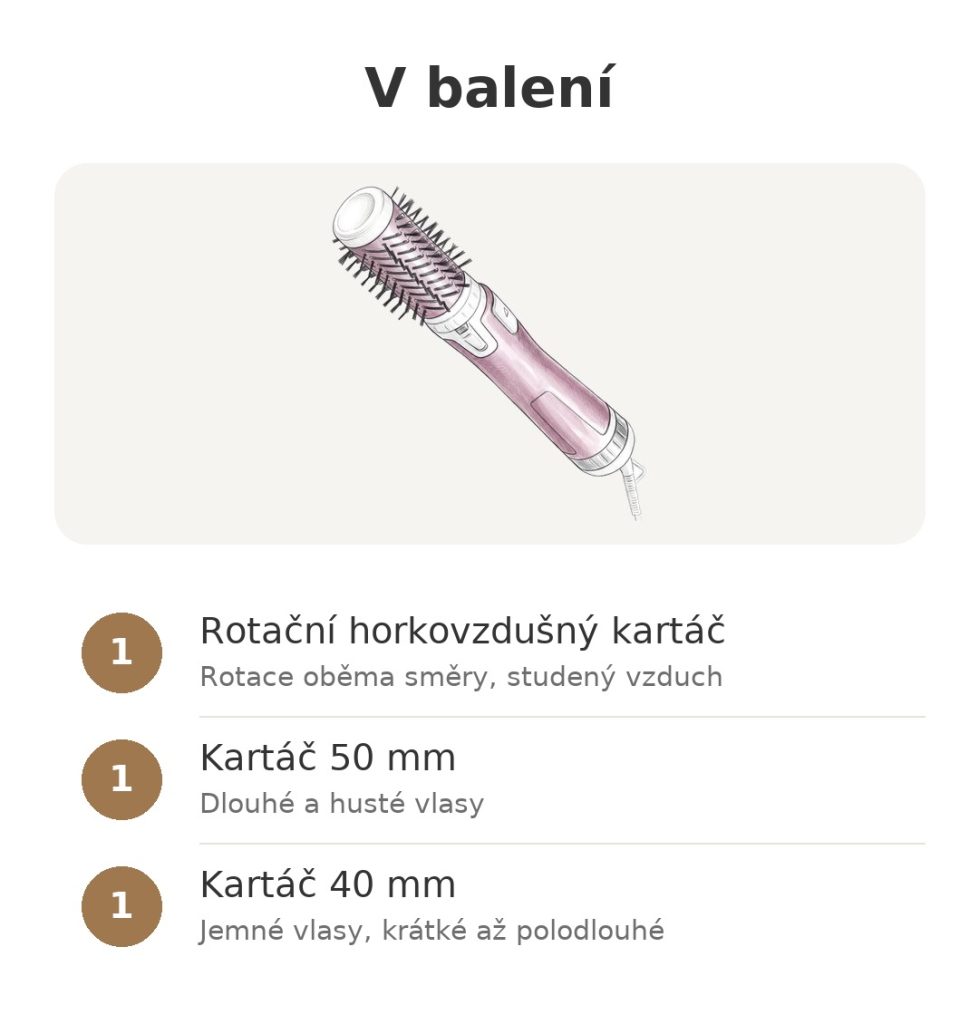 Rotační horkovzdušný kartáč Rowenta Brush Activ růžový V balení: rotační horkovzdušný kartáč Rowenta s kartáčem 50 mm a kartáčem 40 mm