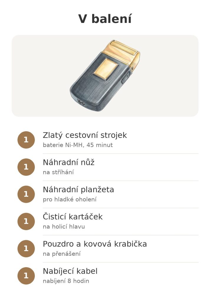 V balení: zlatý cestovní holicí strojek Wahl s náhradním nožem, planžetou, čisticím kartáčkem, pouzdrem a kabelem