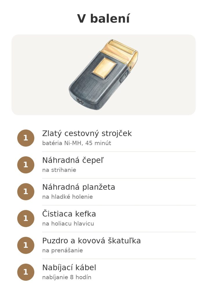 V balení: zlatý cestovný holiaci strojček Wahl s náhradnou čepeľou, planžetou, čistiacou kefkou, puzdrom a káblom