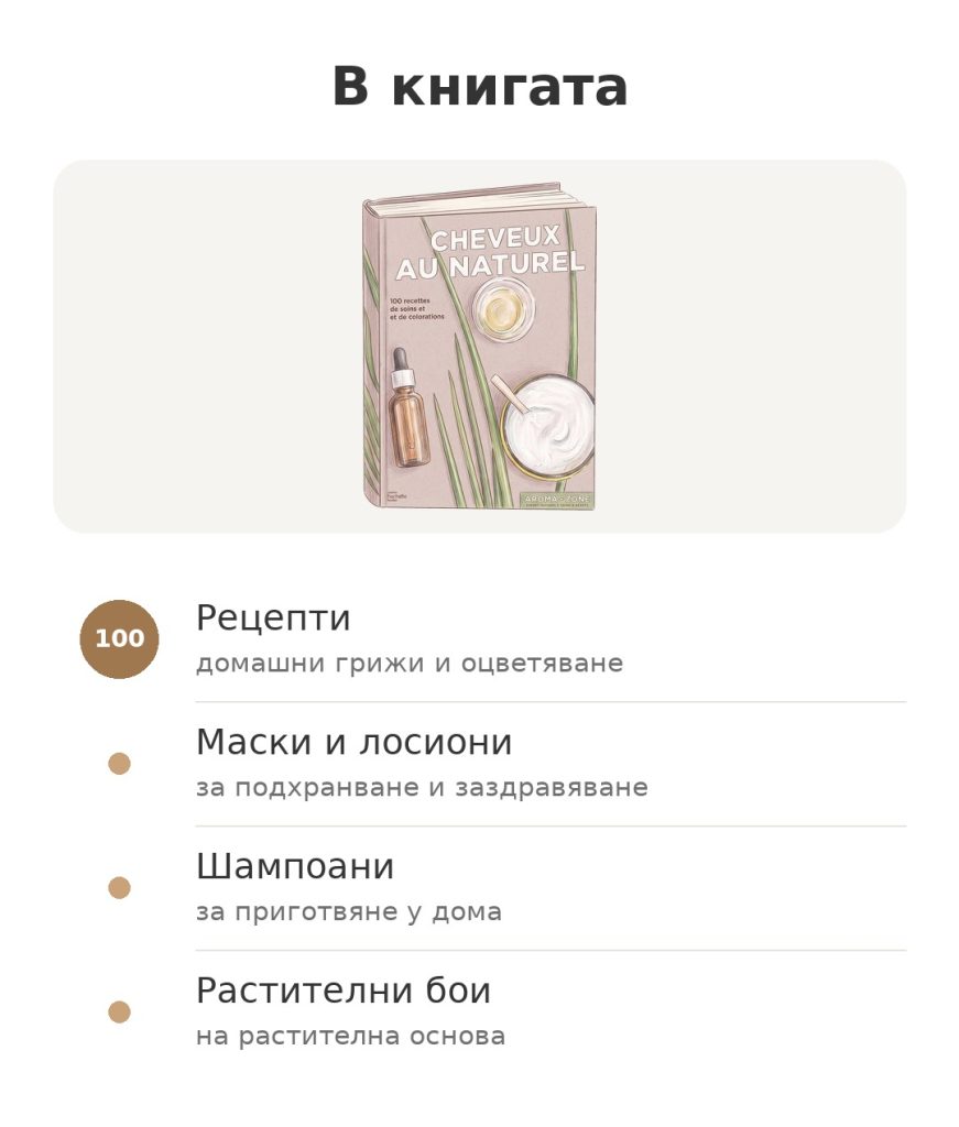 Книга „Естествена коса“ от Aroma-Zone В книгата: Cheveux au naturel, 100 рецепти за домашни грижи за косата, шампоани и растителни бои
